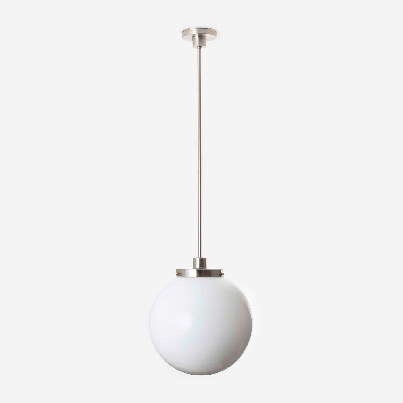 Spherical pendant lamp Ø 35 matte opal glass on a matte nickel fixture.