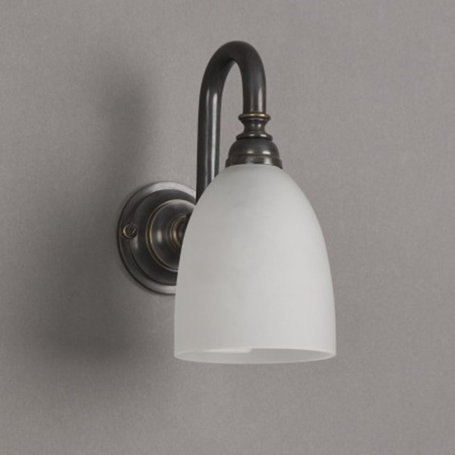 Bathroom wall lamp small bow with etched glass shade and bronze finish
