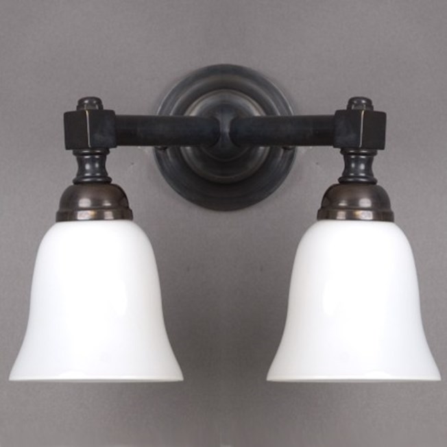 Bathroom wall lamp Bell V-shape bronze with open, white glass shade
