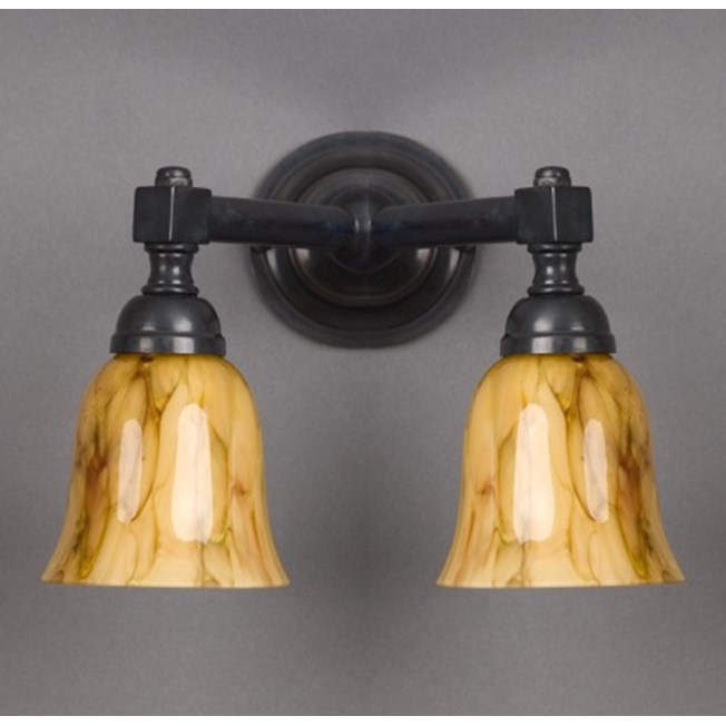 Bronze bathroom wall lamp Bell v-shape with open, marbled glass shade