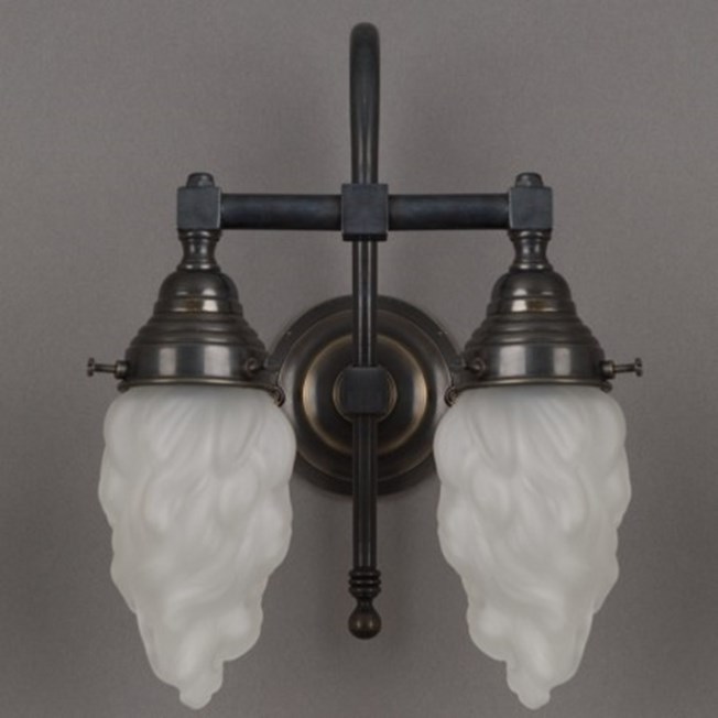 Bathroom wall lamp large bow with bronze armature and etched, flameshaped glass shade