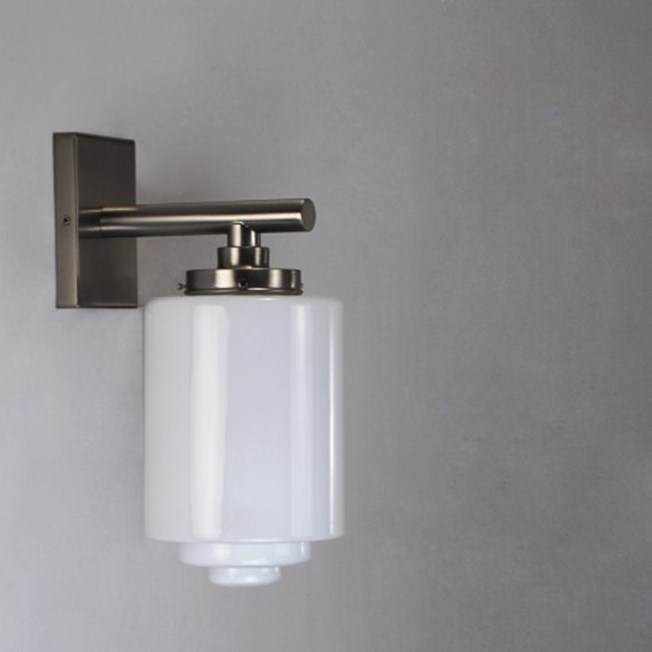 Wall lamp with matted nickel finish and opal white glass shade