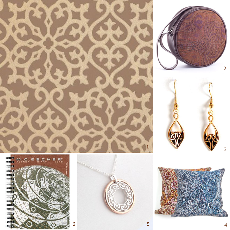 1. Behang Allison 2. Handtas Rondeau Cyrene 3. Oorbellen Celtic Knot 4. Kussen Rajasthan 5. Collier Twist 6. M.C. Escher Agenda 2016