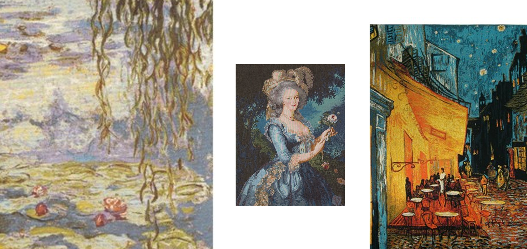 Tapestry The Water Lilies, Tapestry Marie Antoinette and Wall Tapestry Café terrace at night. Tapestry The Water Lilies, Tapestry Marie Antoinette and Wall Tapestry Café terrace at night.